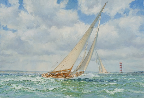 Kahurangi tacking out past the Rangitoto lighthouse, circa 1956.